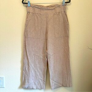 Prosecco Linen Rayon Wide Leg Crop Pants Tan Cream Flap Pockets Paper Bag